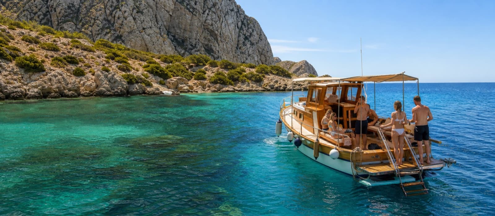 A small wooden excursion boat in a clear Aegean cove