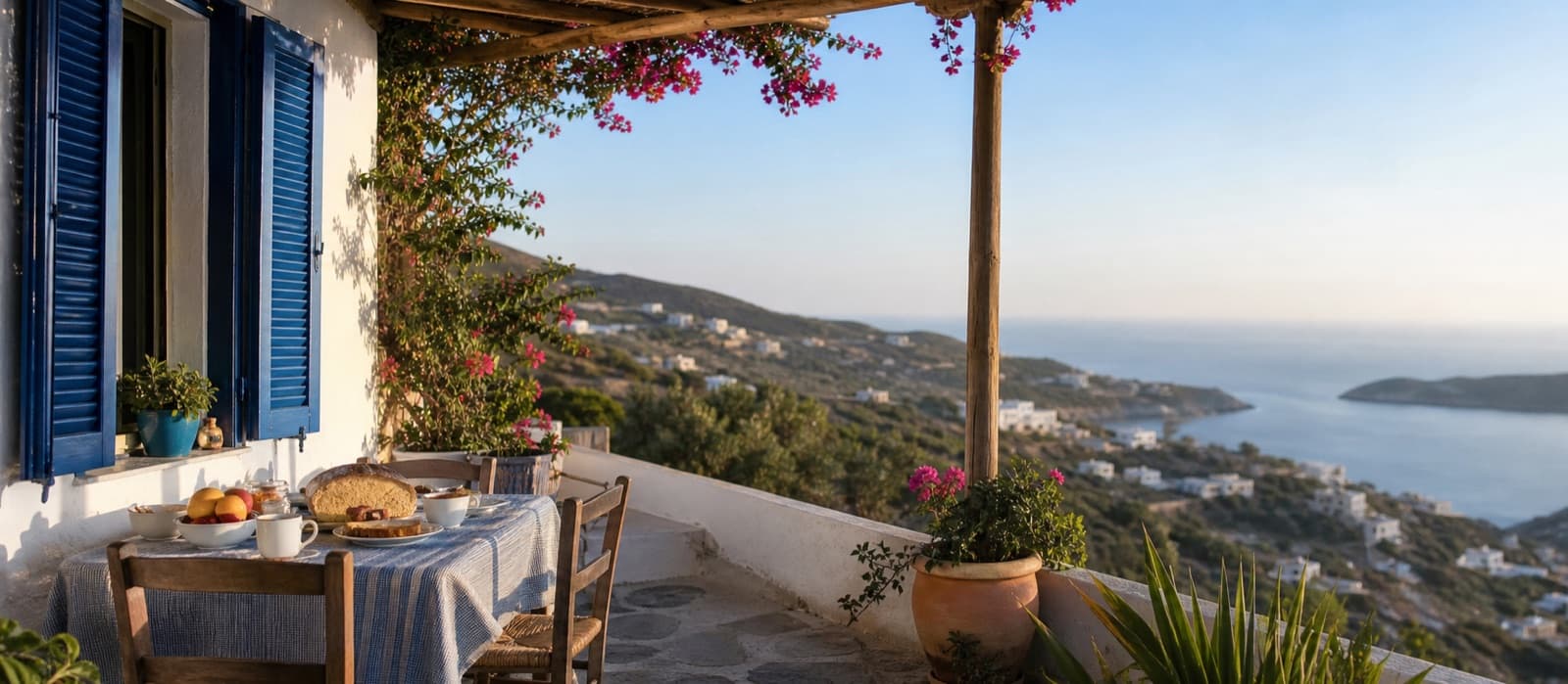A bright Greek island guesthouse terrace overlooking the sea