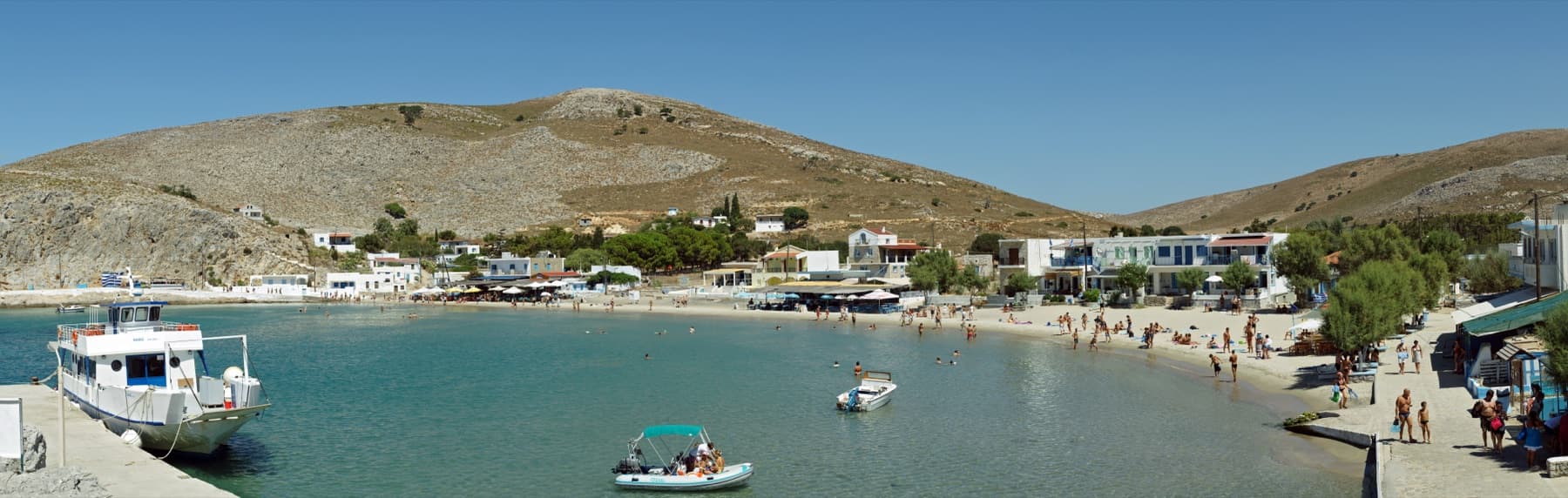 The sandy bay and village of Avlakia on Pserimos